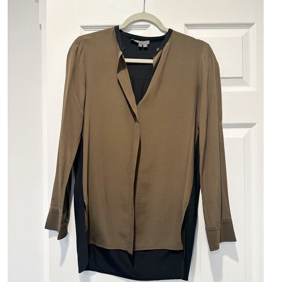Vince Silk Olive Green and Black Two Toned Colorblock Blouse 2 - Picture 3 of 11